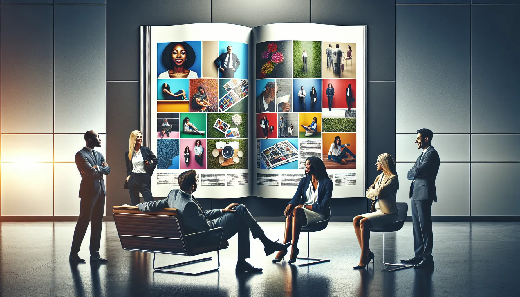 diverse professionals discussing a magazine showcasing photography and narratives.