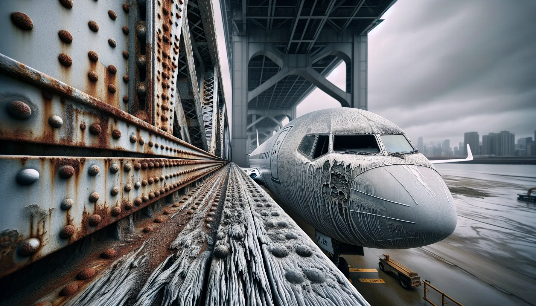 A rusted steel bridge and corroded aluminum aircraft fuselage under a cloudy sky.