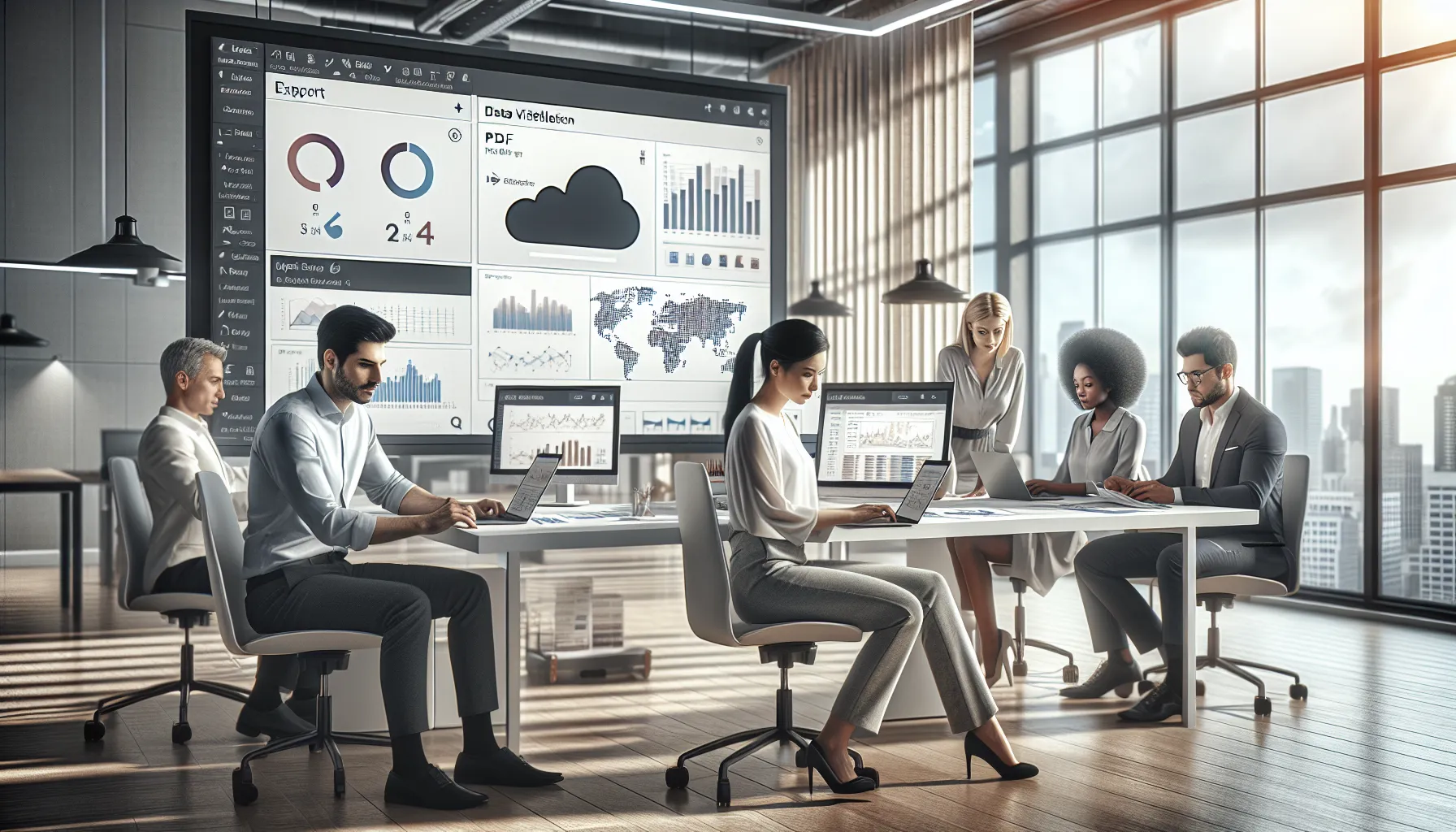 Data professionals exporting a Microsoft Power BI report to PDF in a modern office.