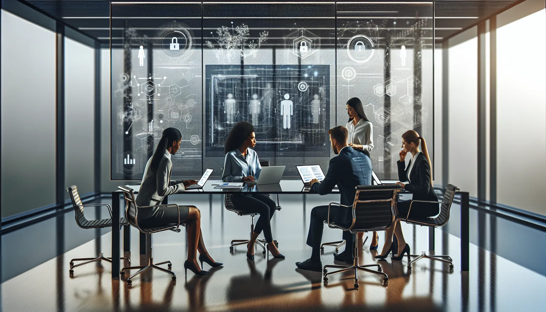 diverse professionals collaborating on data security concepts in a modern office.