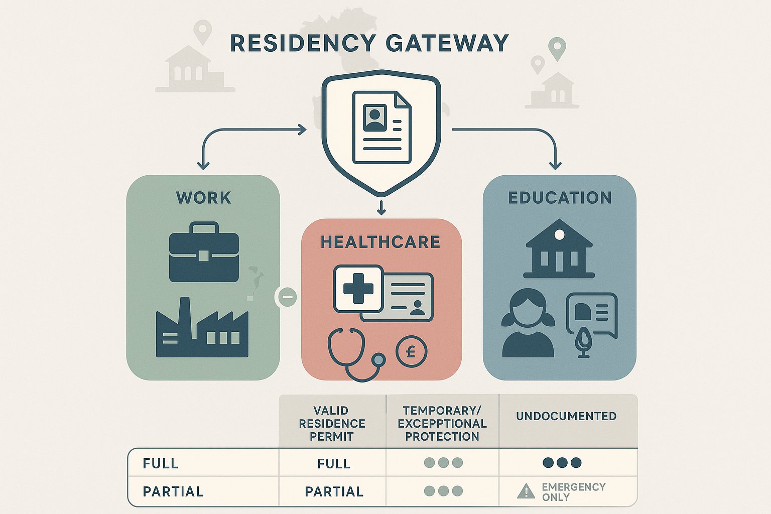 Infografica a flusso che mostra la residenza come accesso a lavoro, sanità ed educazione in Italia.