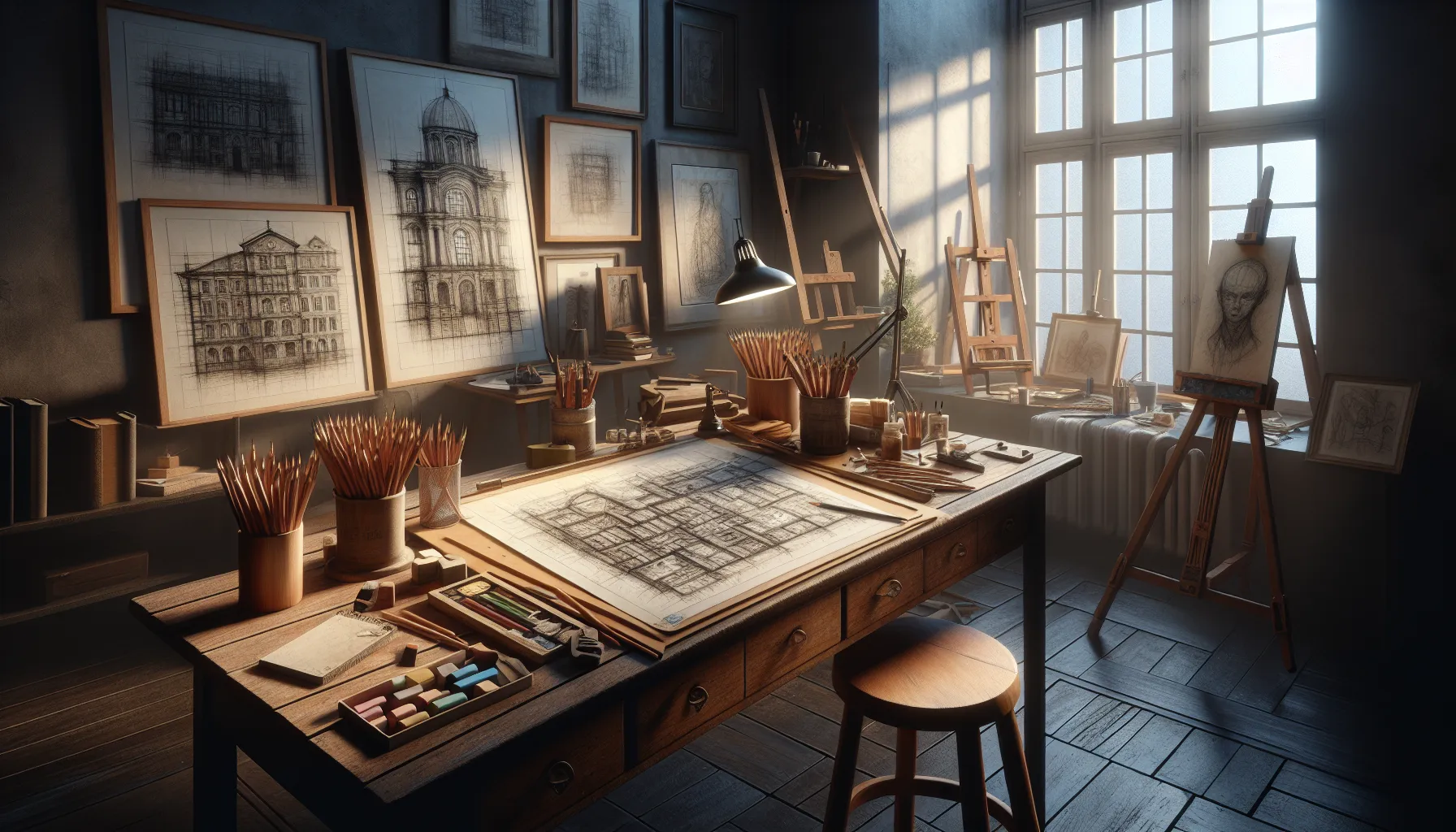 an art studio with sketch and drawing examples on a table