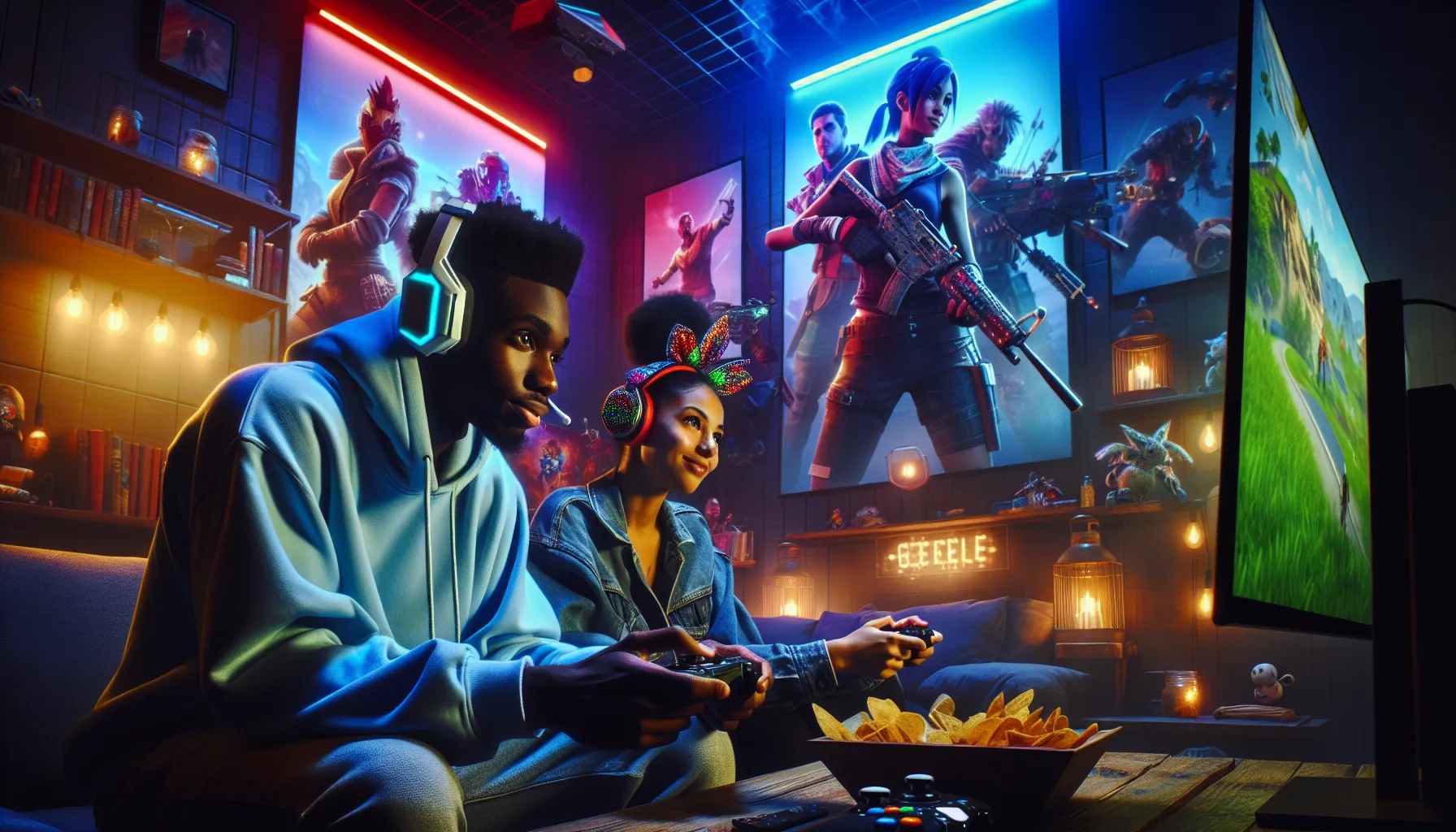 a group of diverse gamers passionately playing Fortnite and Apex Legends at home.