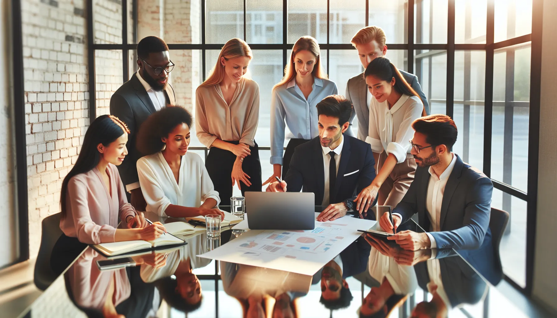 diverse professionals collaborating in a modern office setting.