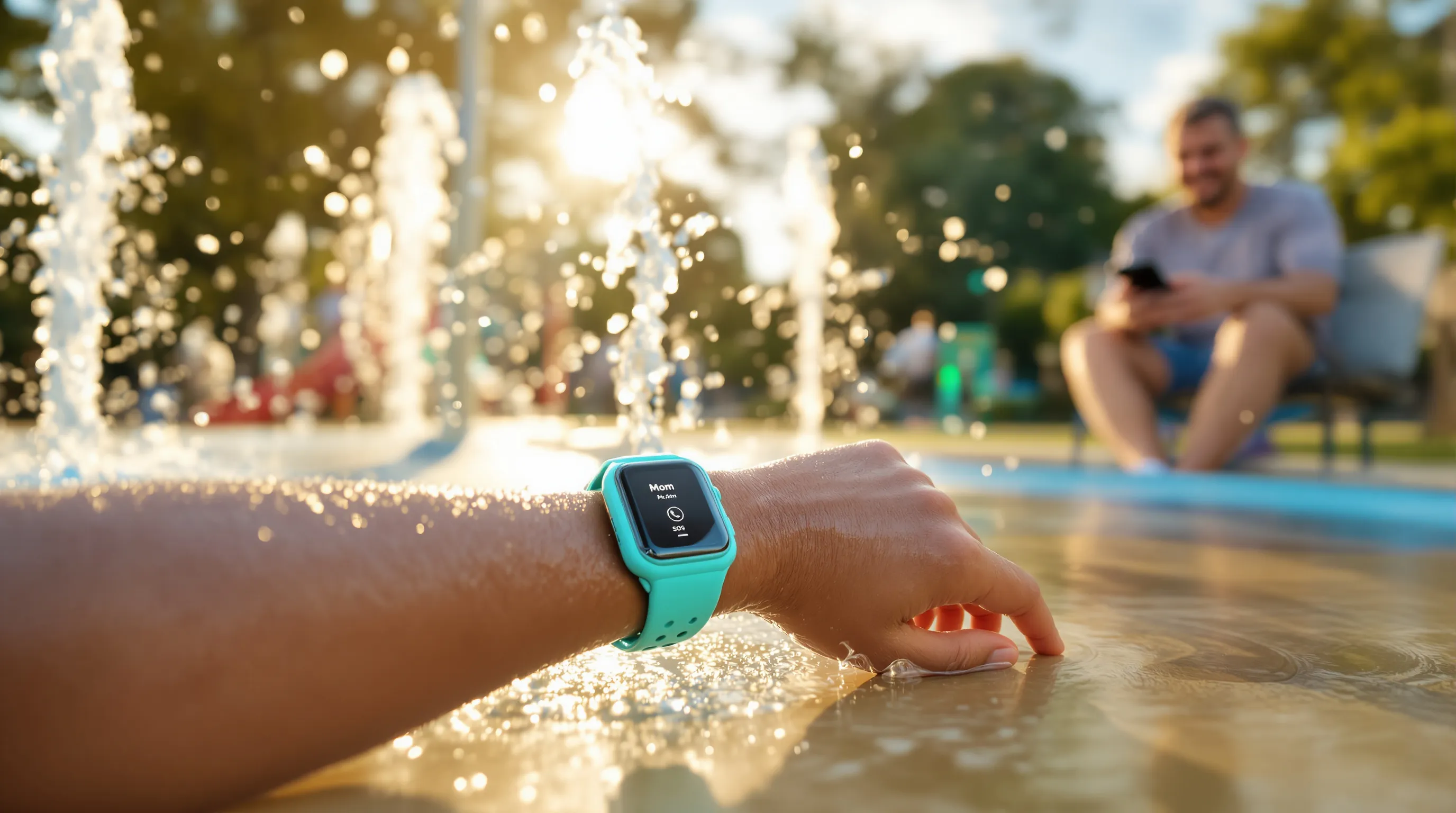 Child splashes while wearing a waterproof kids’ smartwatch, focused close-up on wrist.