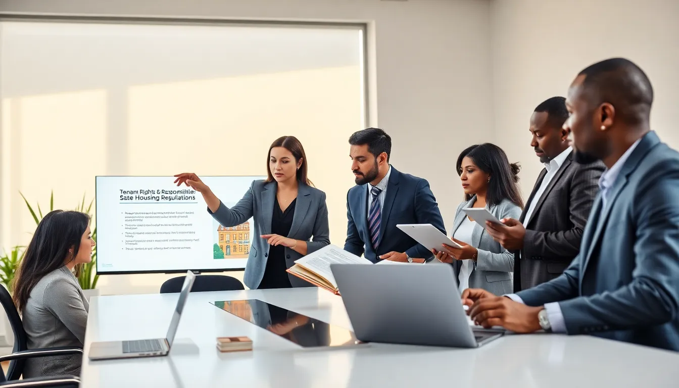 diverse professionals discussing tenant rights in a modern office.
