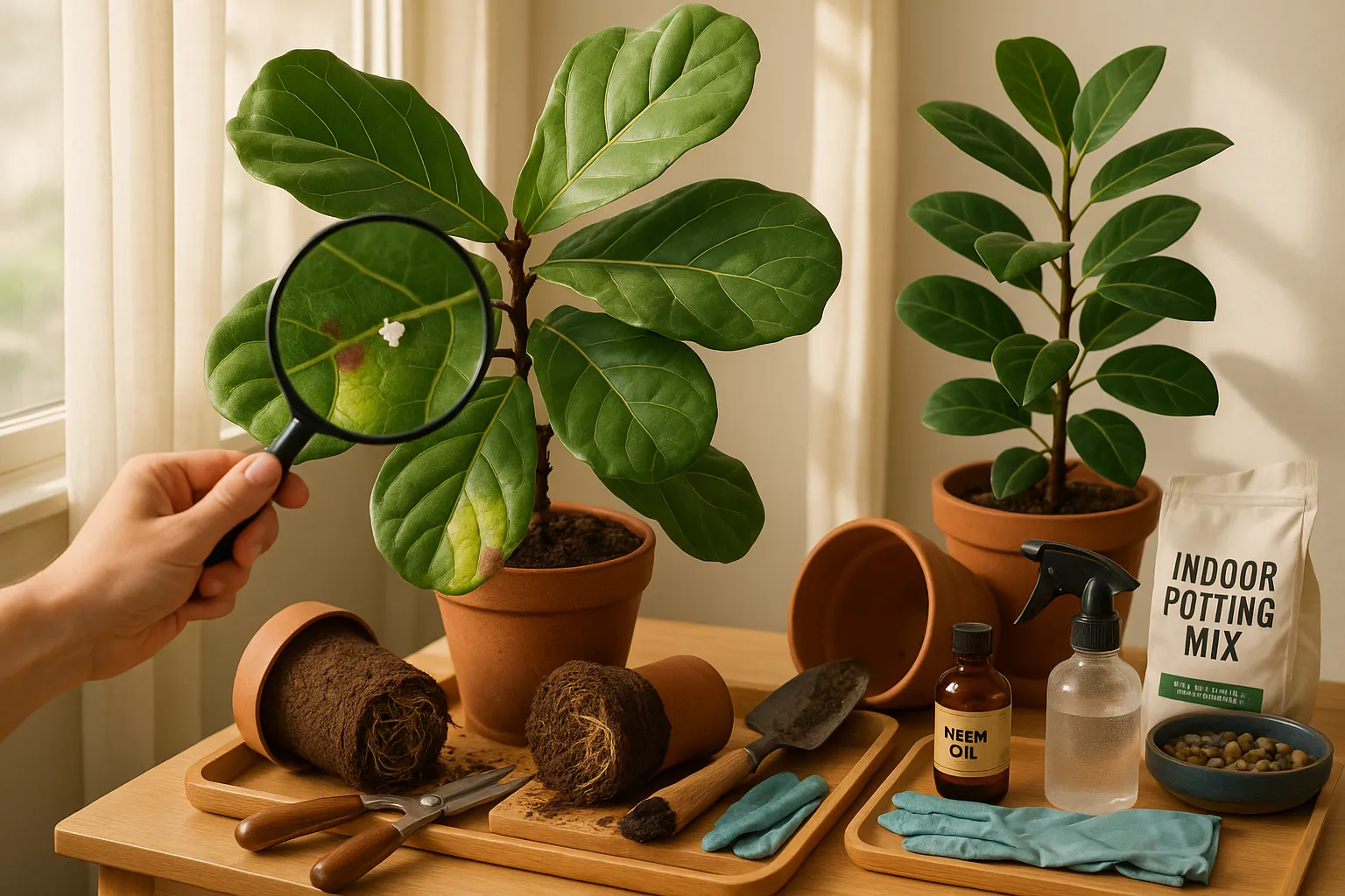 fiddle leaf fig with brown spots beside healthy ficus audrey and repotting tools