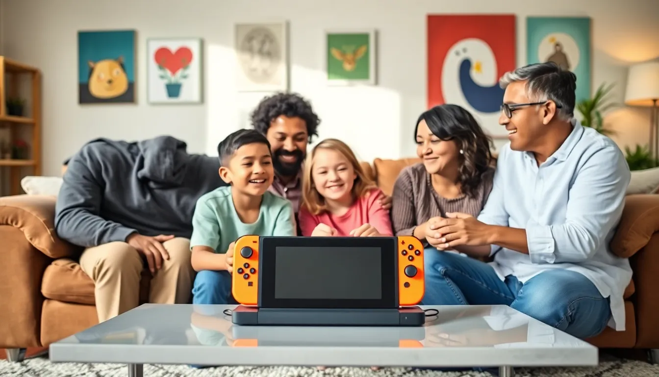 family enjoying Nintendo Switch games in a cozy living room.
