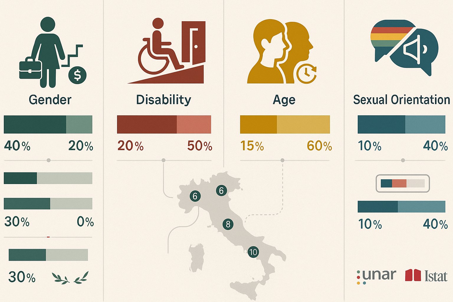 Confronto a quattro pannelli delle categorie di discriminazione in Italia con mappa e barre di dati.