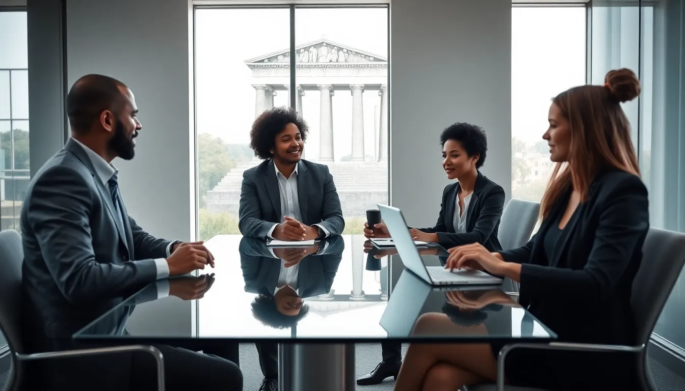 professionals discussing stoicism in a modern office setting.
