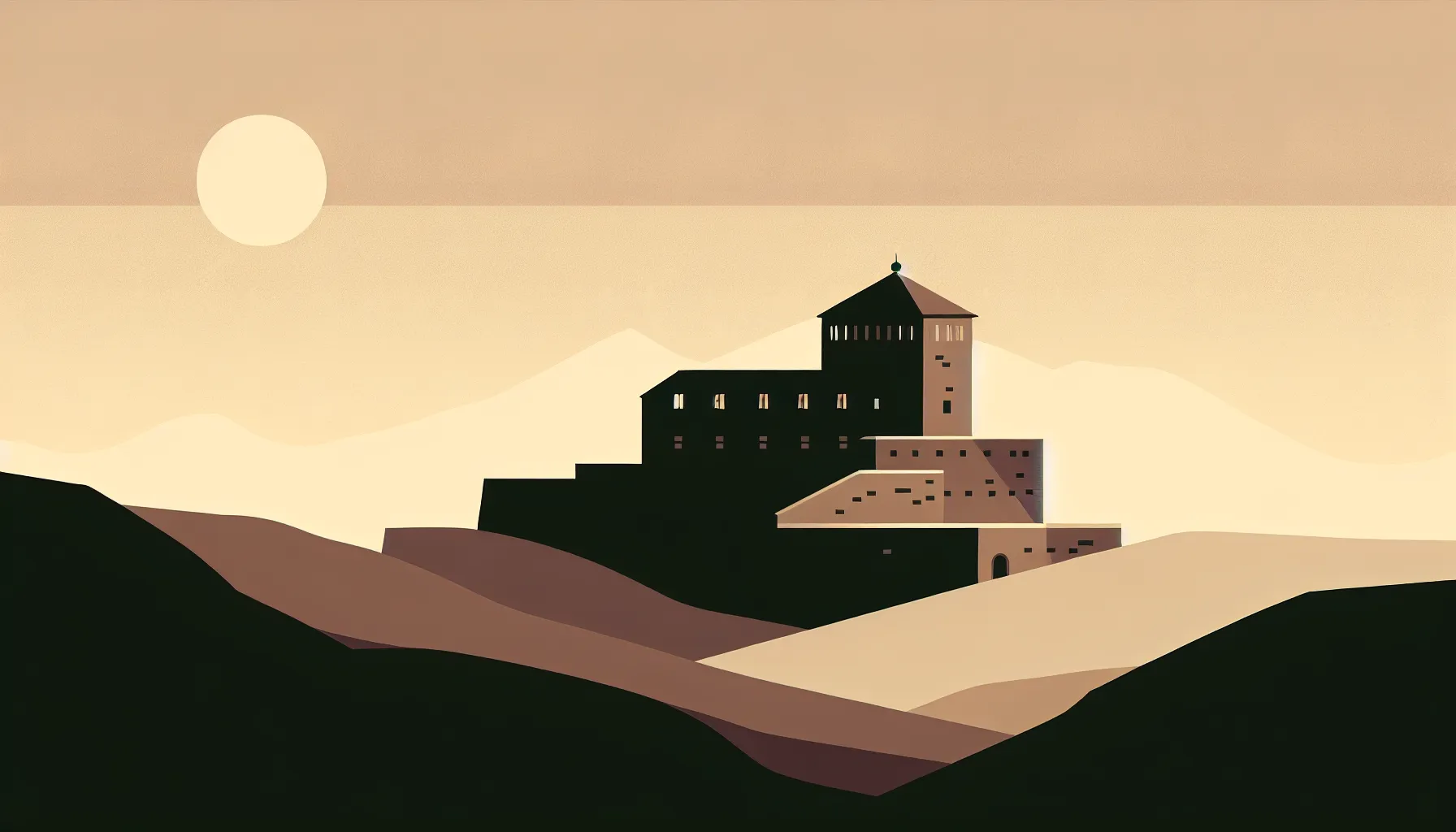 Minimalist 18th-century frontier fortress silhouette on rolling hills in Croatia