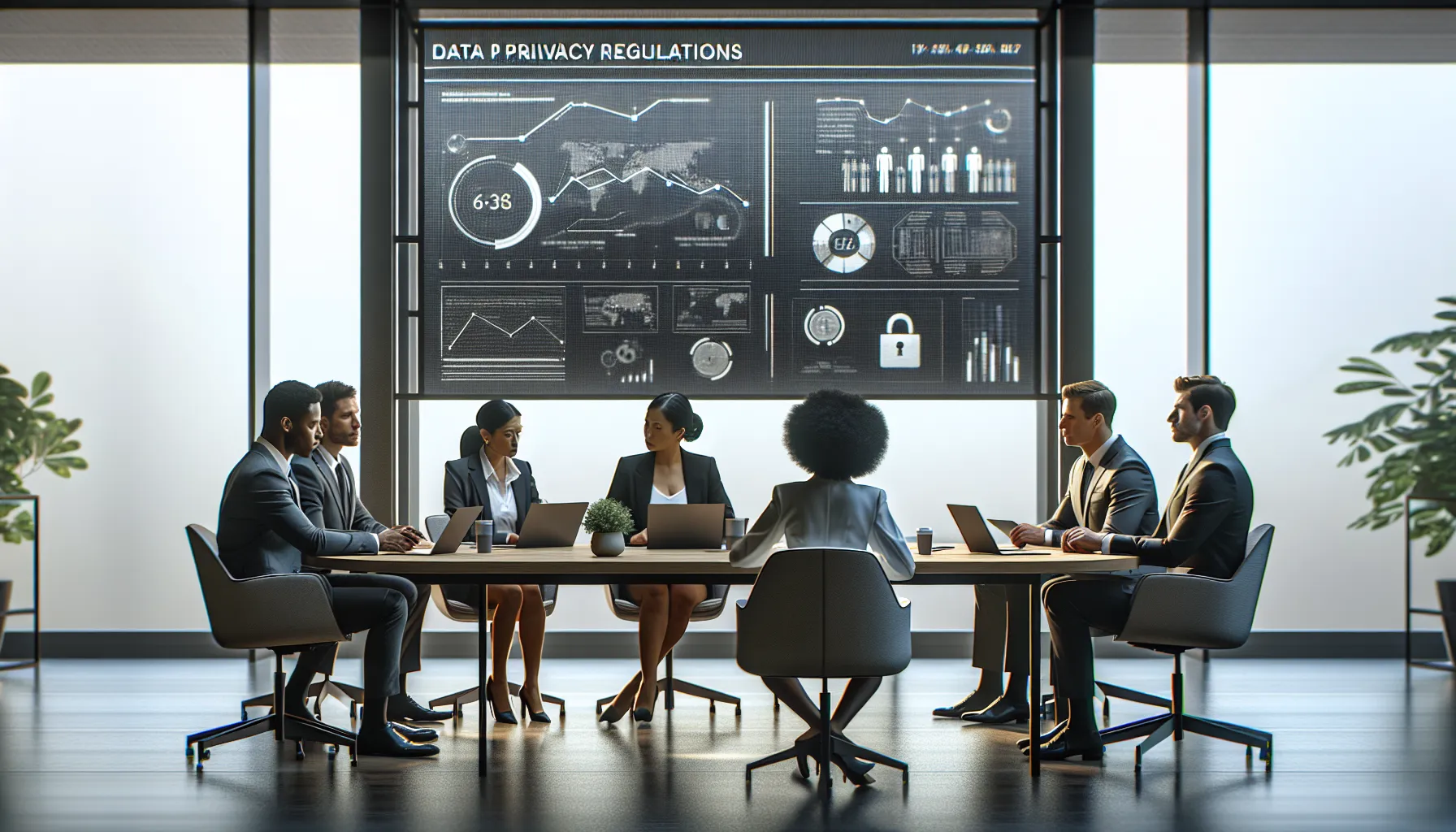 professionals discussing data privacy in a modern office setting.