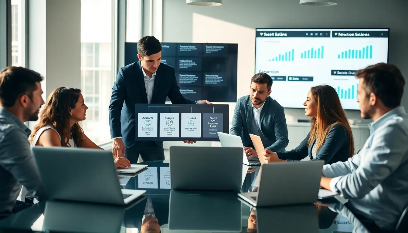 diverse team discussing the SaaS sales funnel in a modern office.