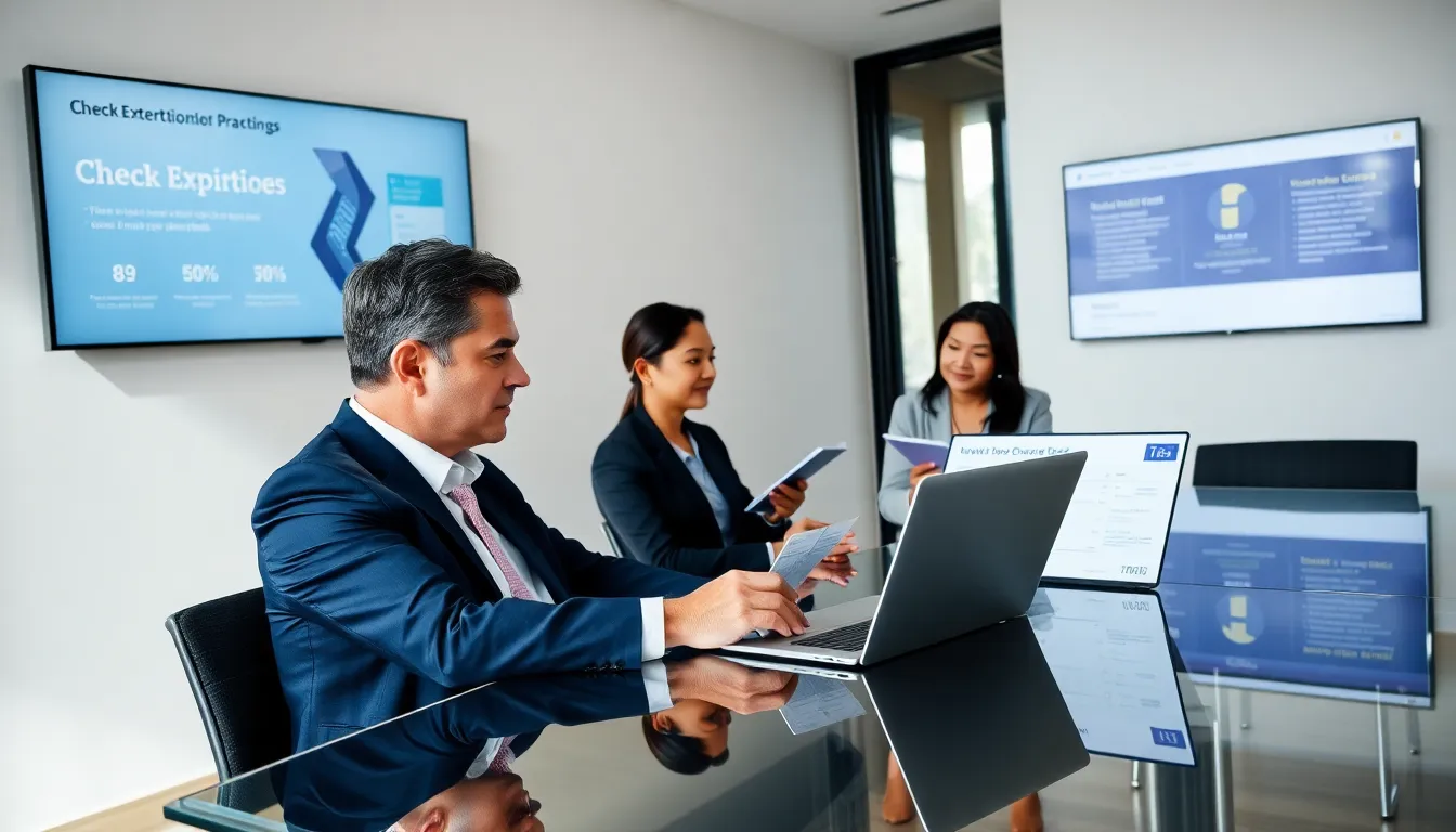 professionals discussing check expiry in a modern office