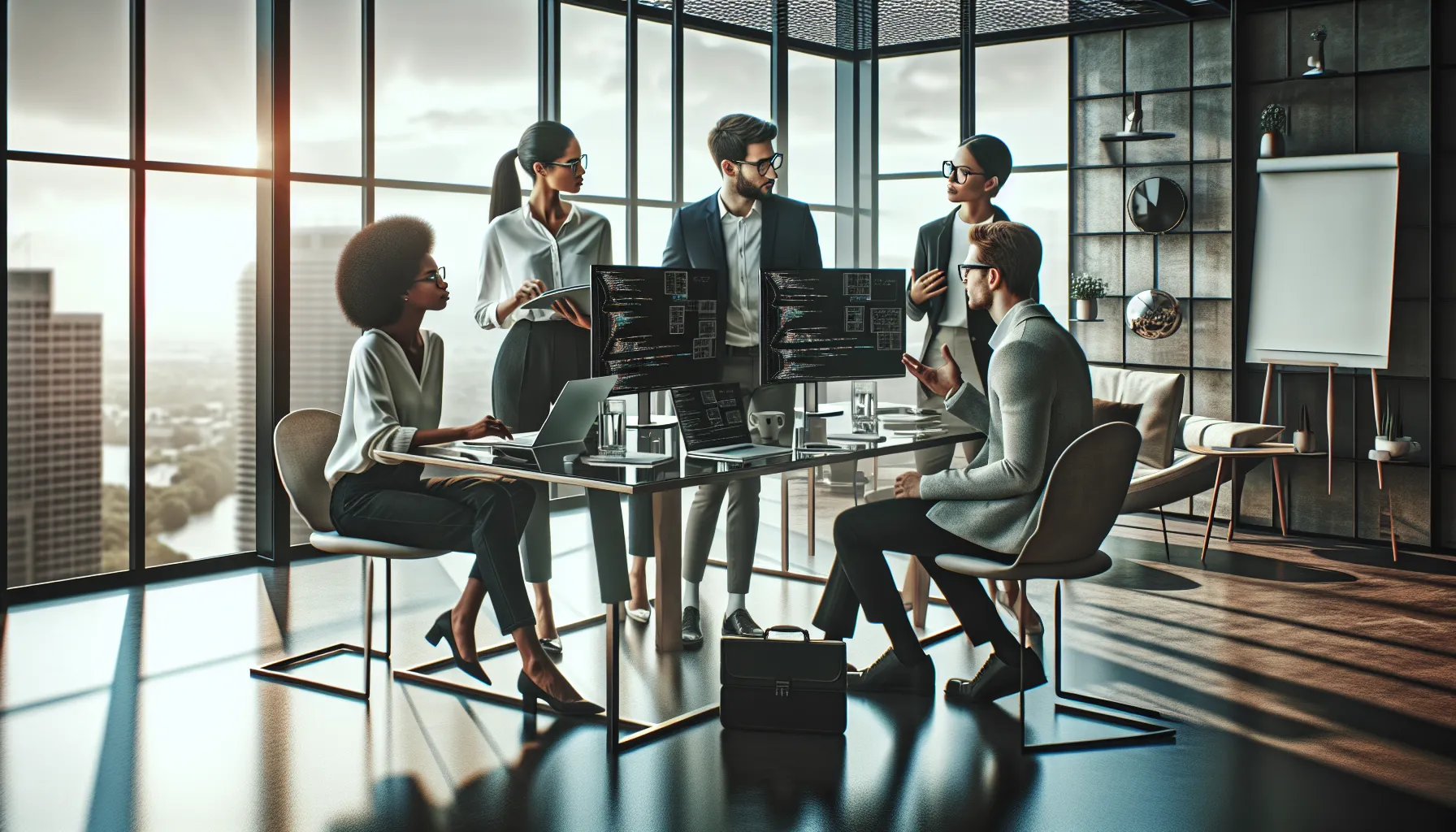 diverse team collaborating in a modern workspace.