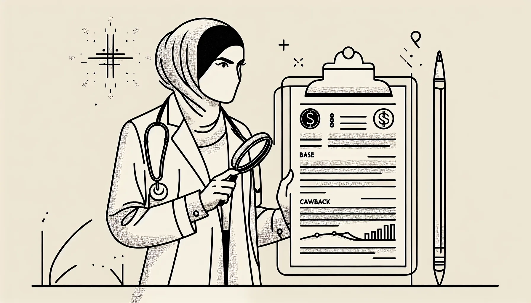 A physician examining a contract showing salary, RVU, and clawback icons.