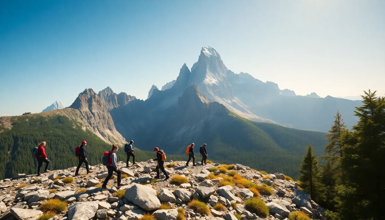climbers on Timgoraho Mountain showcasing rugged terrain and stunning views.