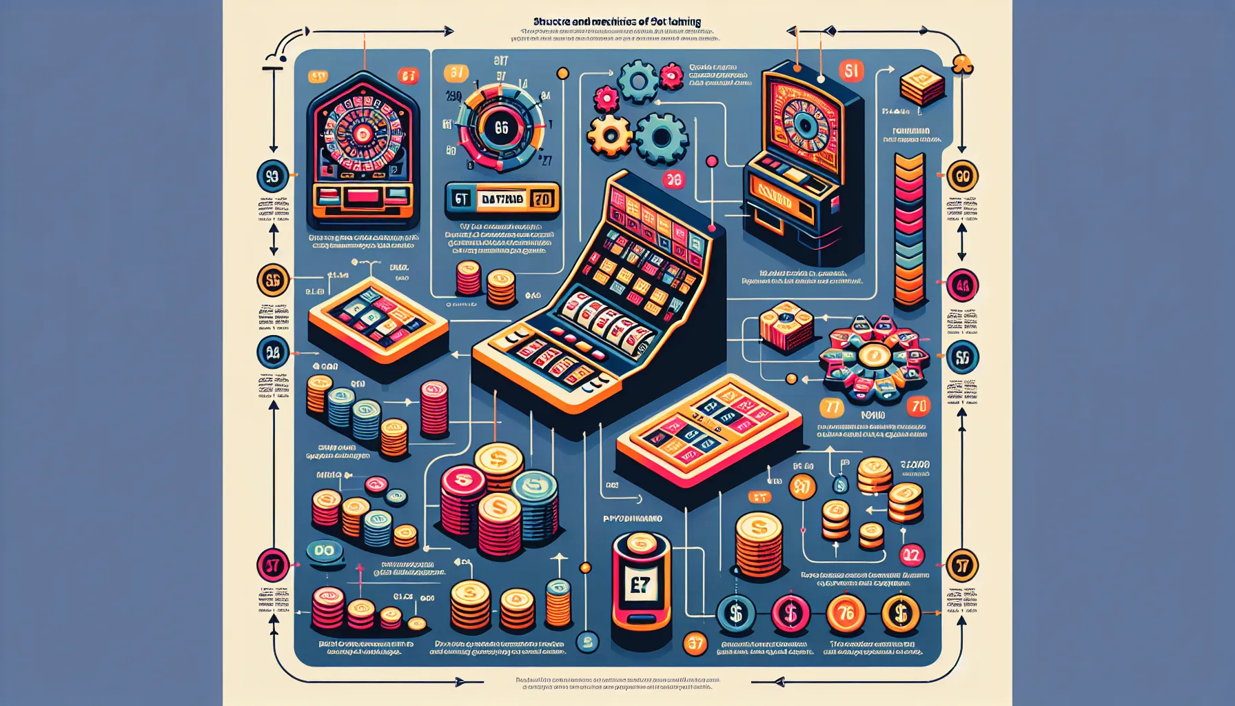 Illustration of slot machine workings, RNGs, and payout ratio concepts in infographic style.
