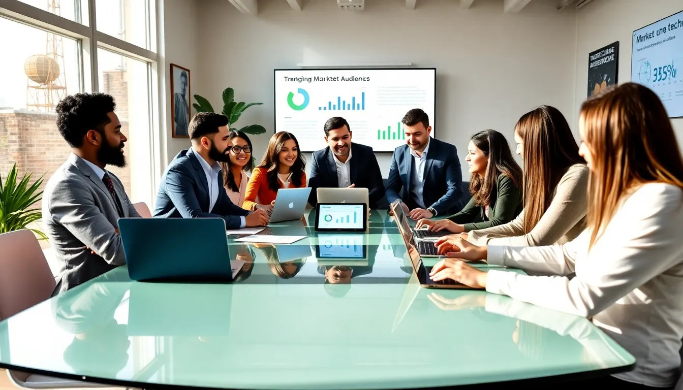 diverse marketing team discussing strategies in a modern office setting.