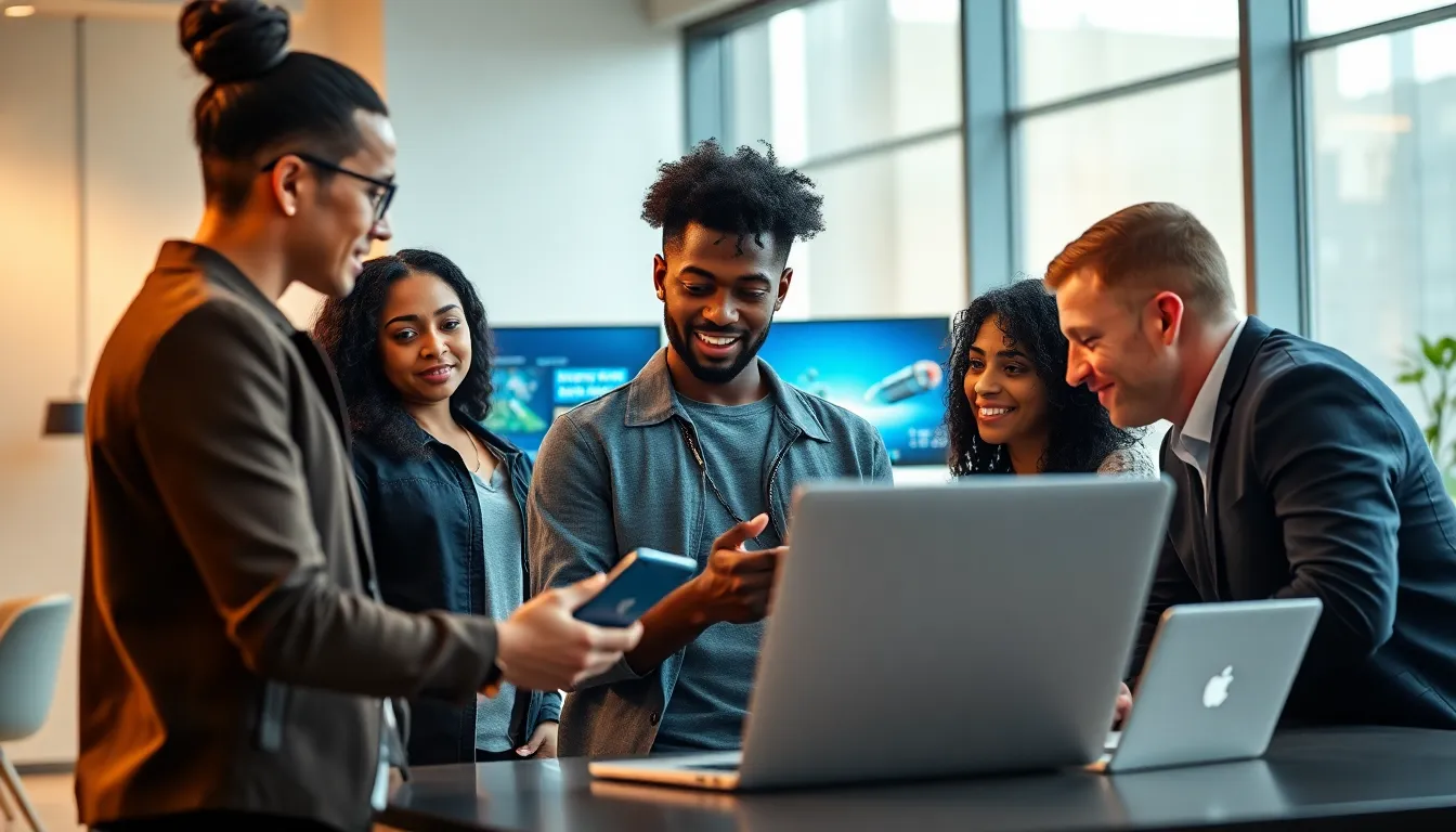 diverse team collaborating on game design in a modern office.