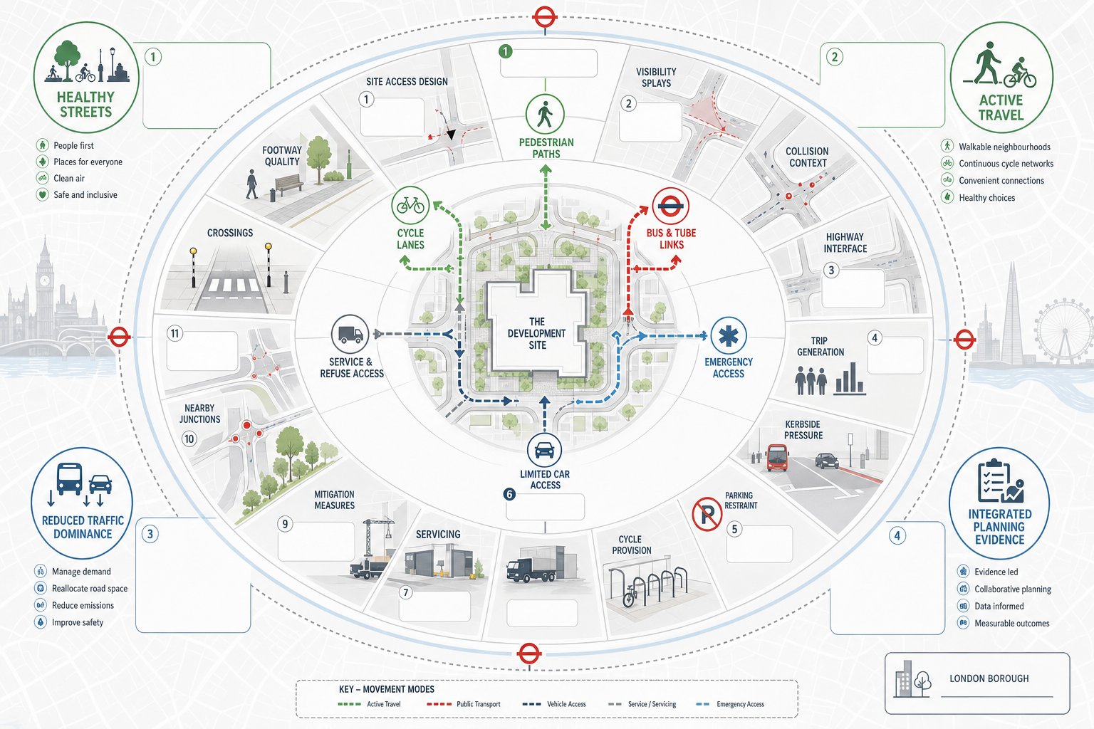 Infographic of London development transport advice covering access, travel modes, and policy priorities.
