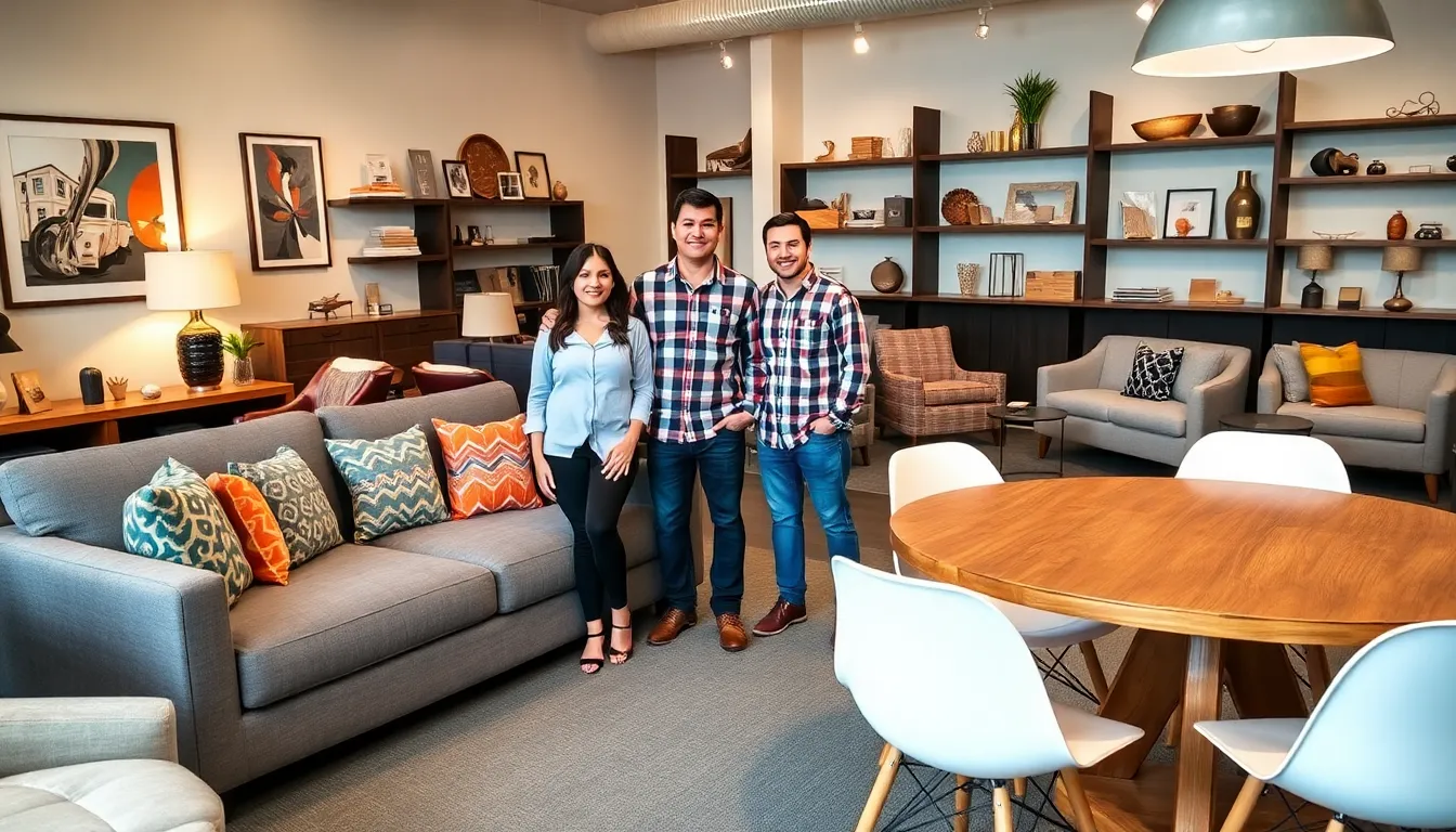 a stylish furniture showroom with a friendly sales associate and happy customers.