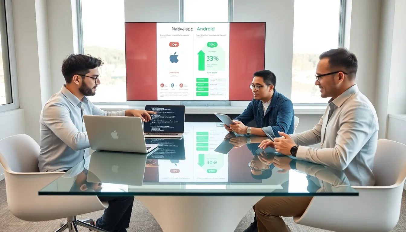 diverse developers collaborating on native mobile app development in a modern office.