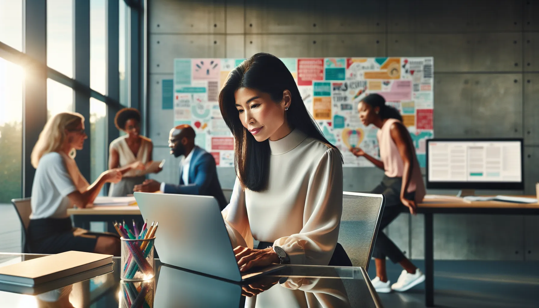 professional woman working on educational projects in a modern office.