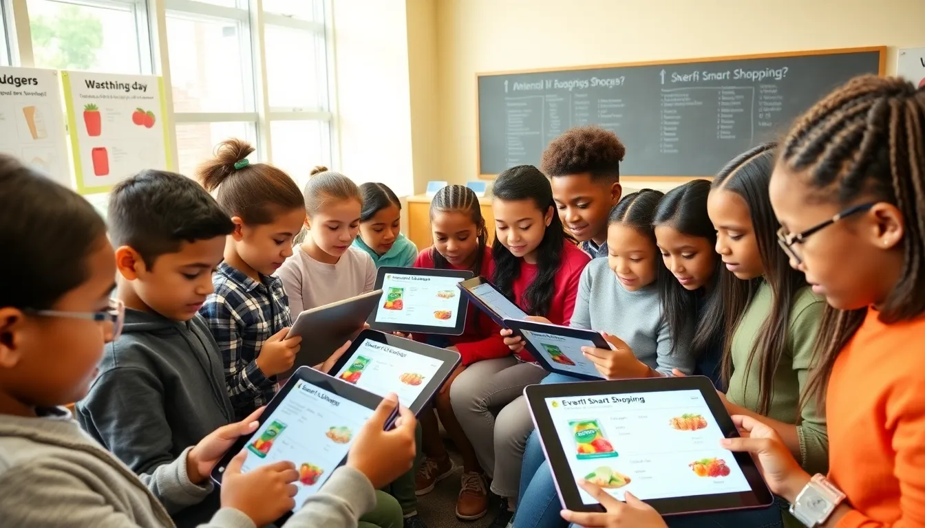 diverse students engaging with Everfi Smart Shopping in a classroom.