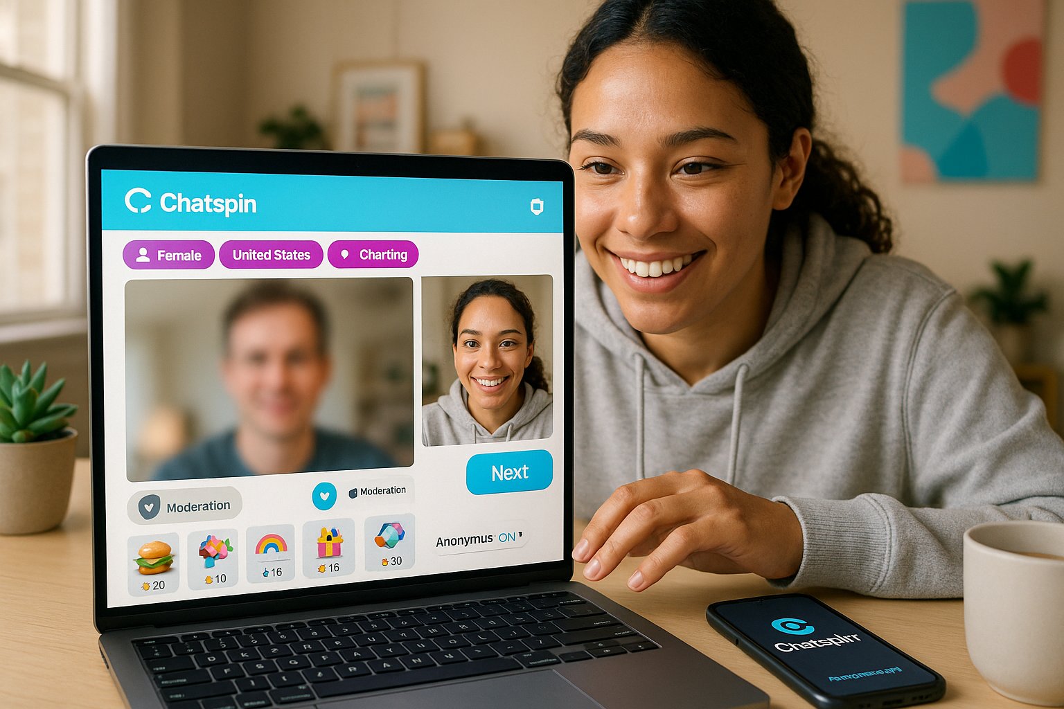 Young person using Chatspin video chat on a laptop with colorful UI