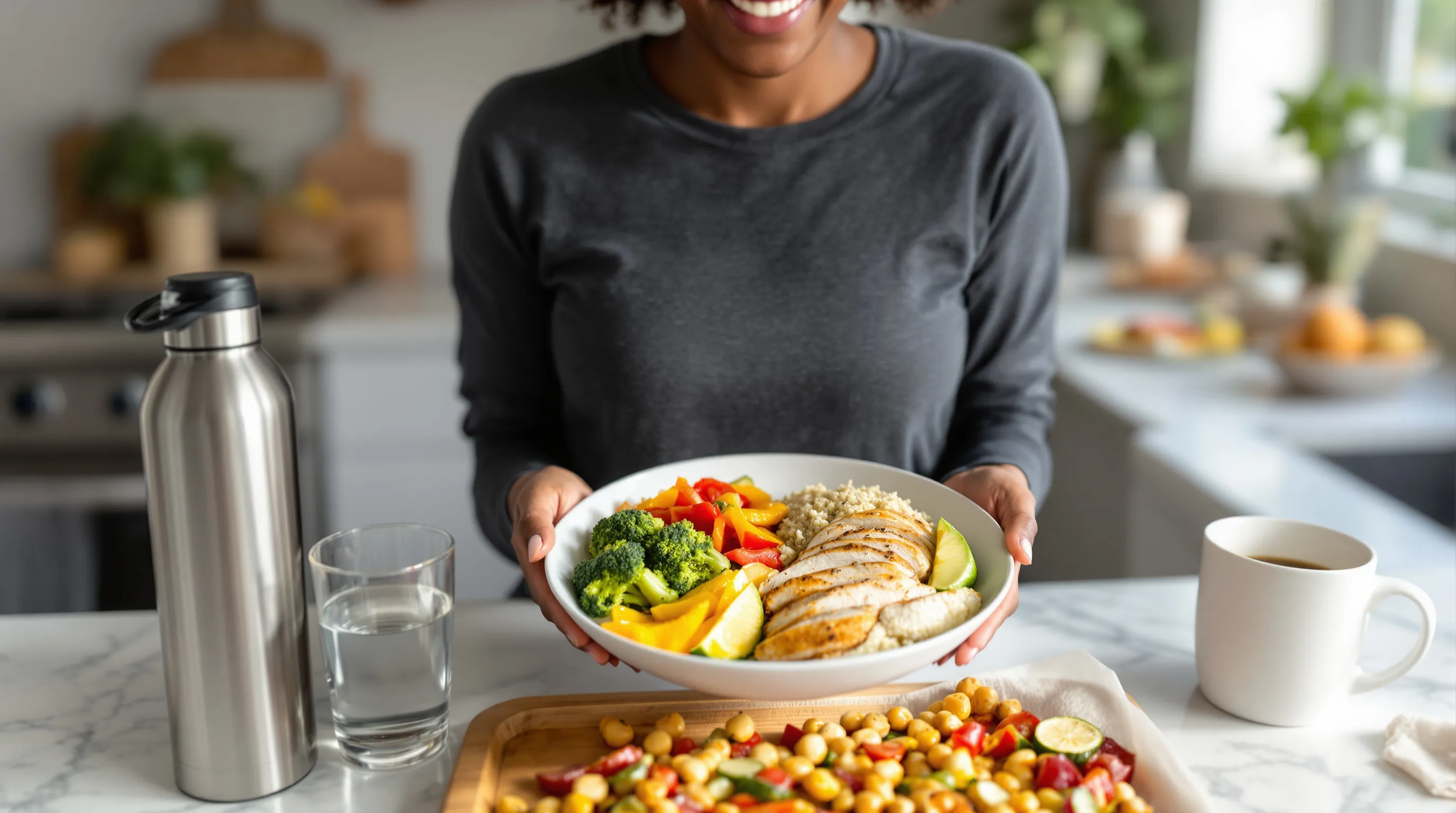 Woman holding a balanced, colorful plate with water in a sunlit kitchen.