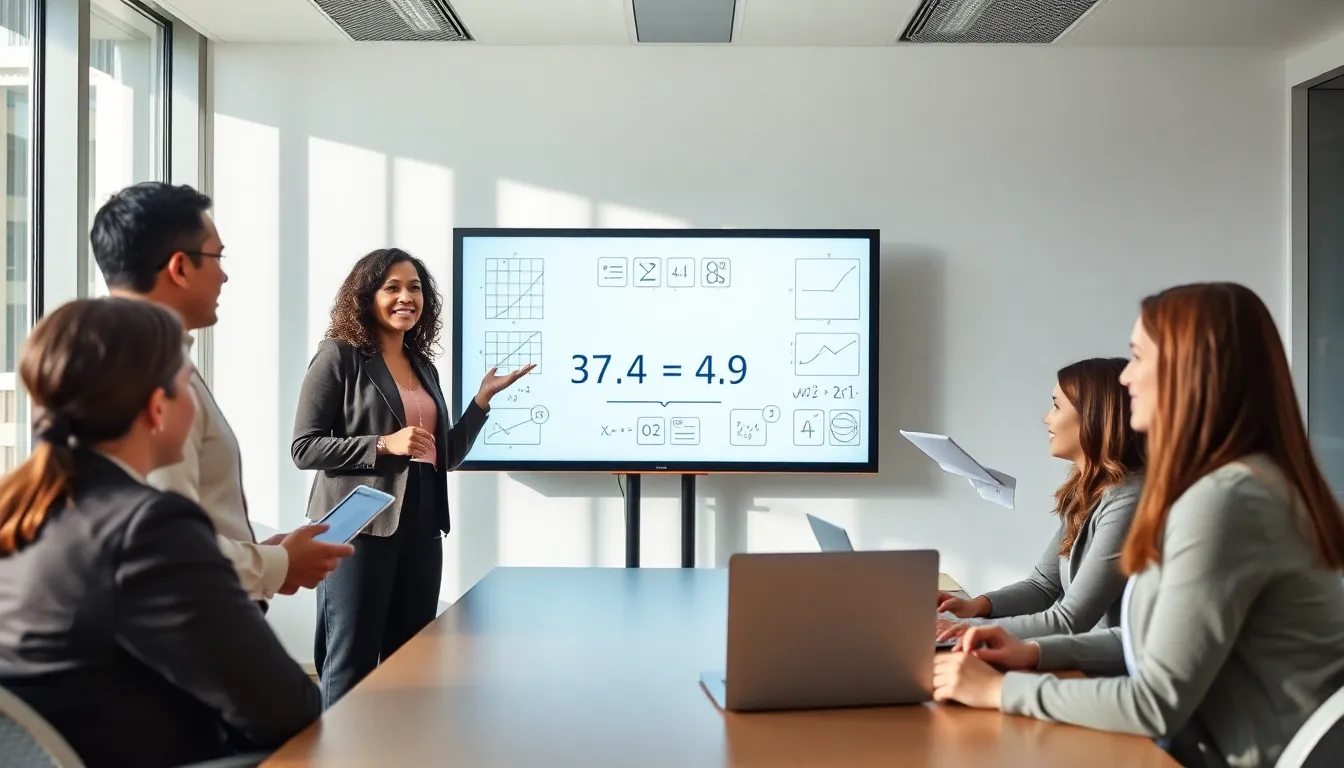 diverse professionals discussing multiplication in a modern classroom.