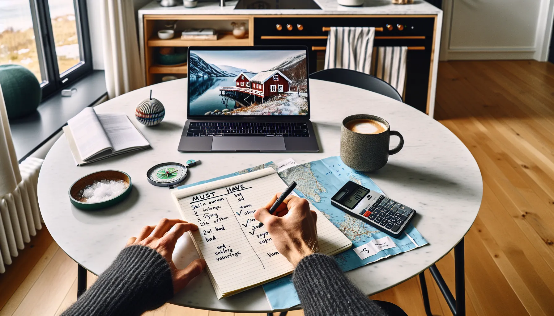 Norwegian homeowner plans a cabin purchase with checklist, budget, and travel-time map.