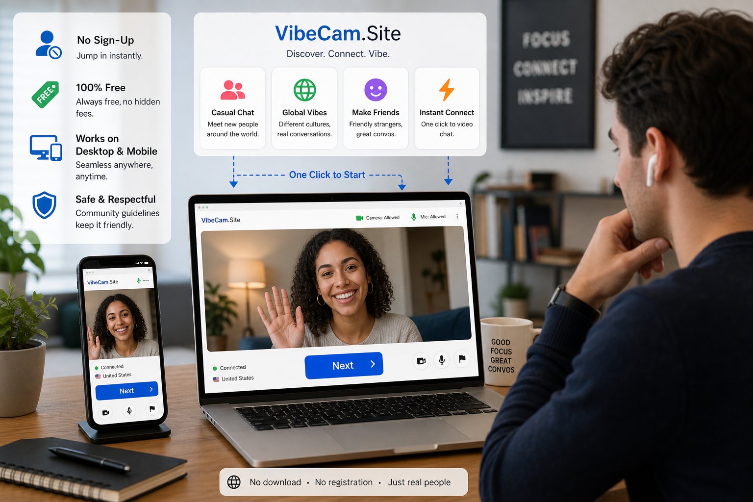 Professional using laptop and phone for browser-based random video chat review.