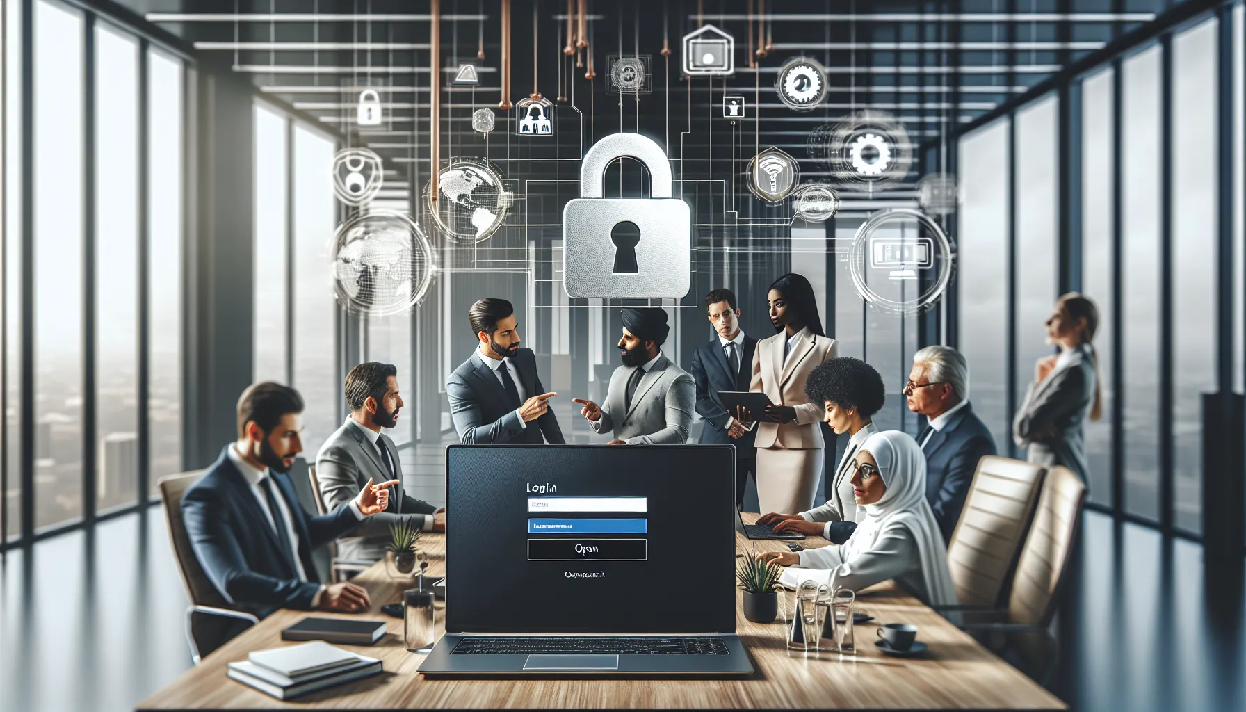 professionals discussing security in a modern office setting.