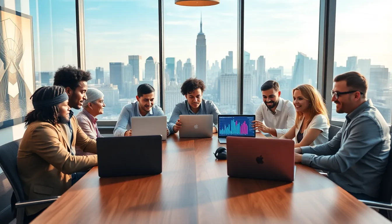 diverse team collaborating in a modern New York co-working space.