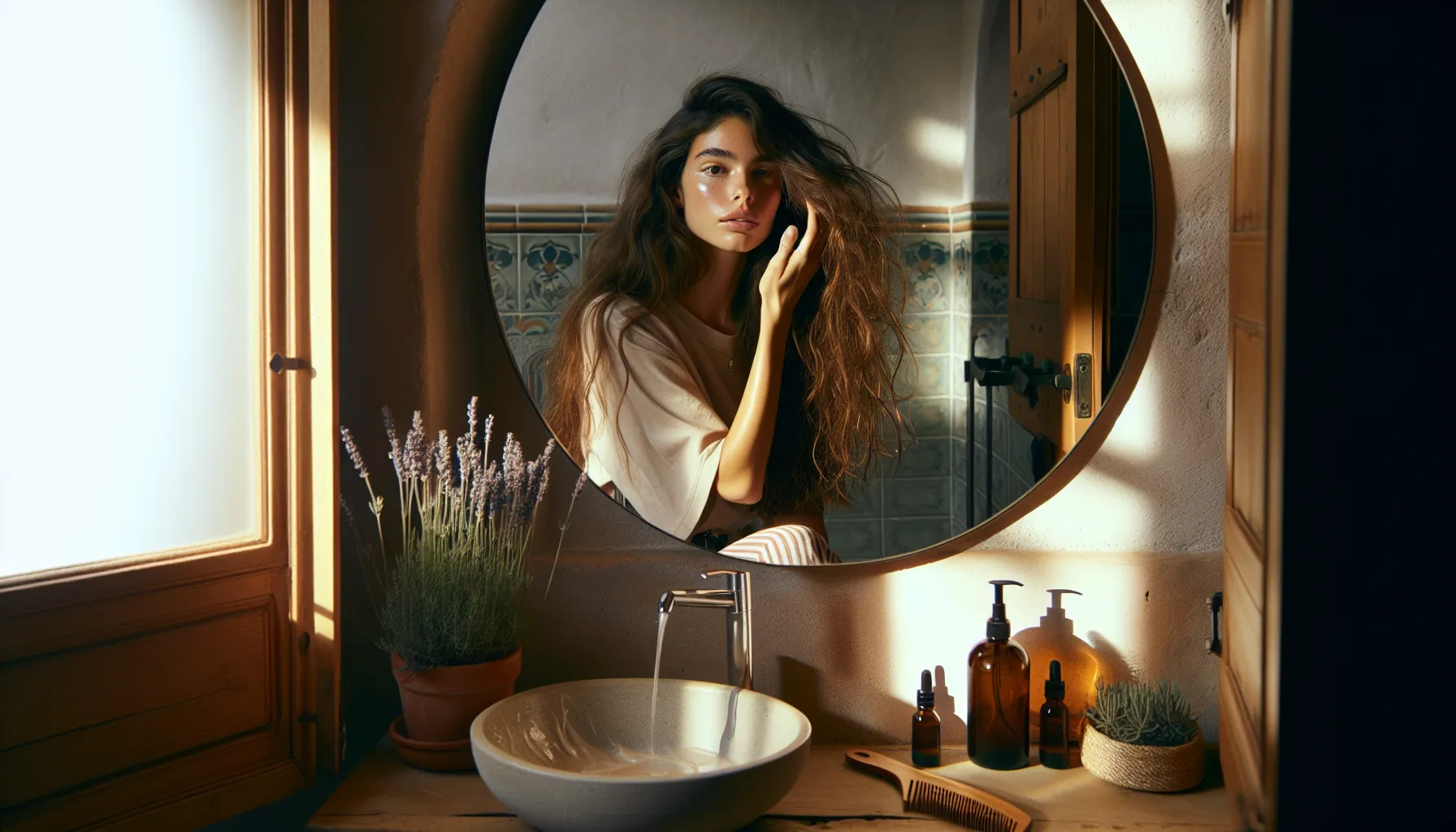 A woman applies a nourishing mask to her dry hair in a sunlit bathroom.