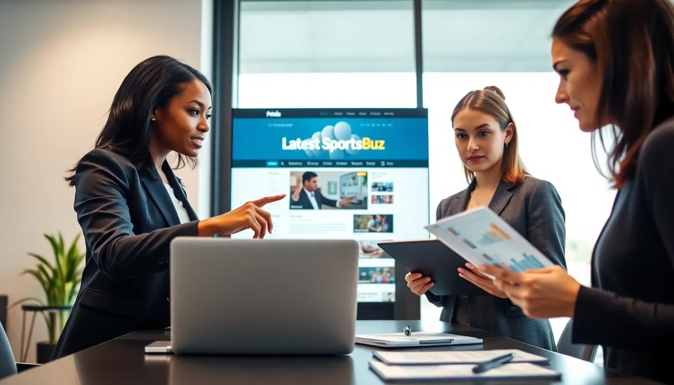 diverse team discussing sports news in a modern office.