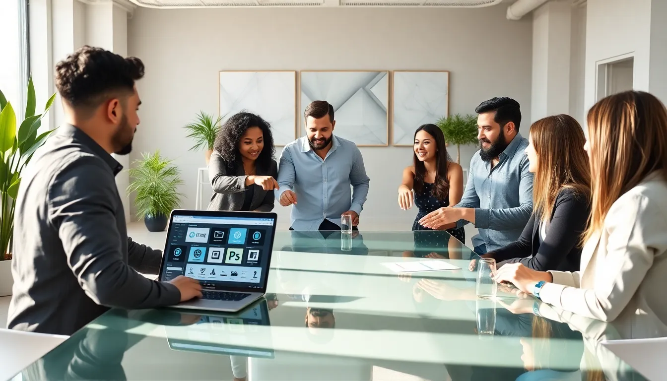 diverse team collaborating on low-code development in a modern office.