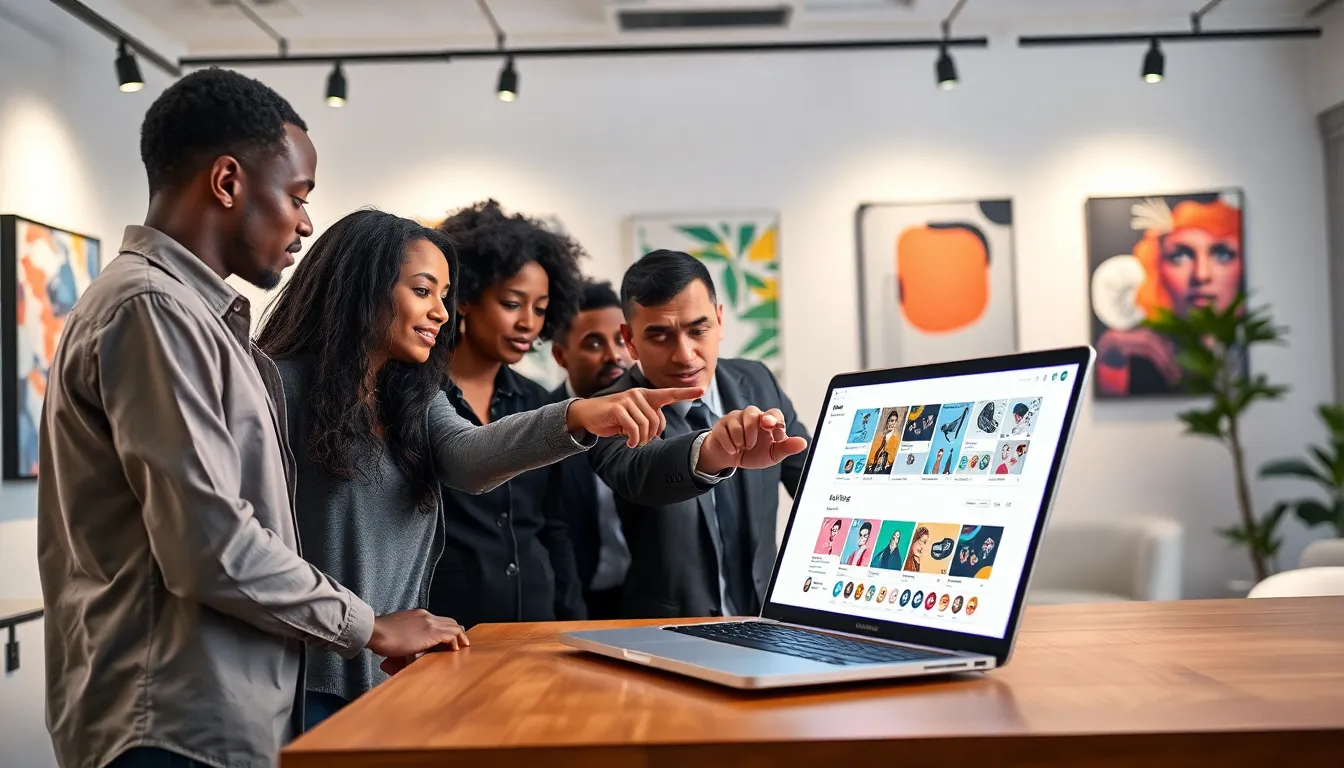 Diverse professionals discussing NFTs in a modern workspace.