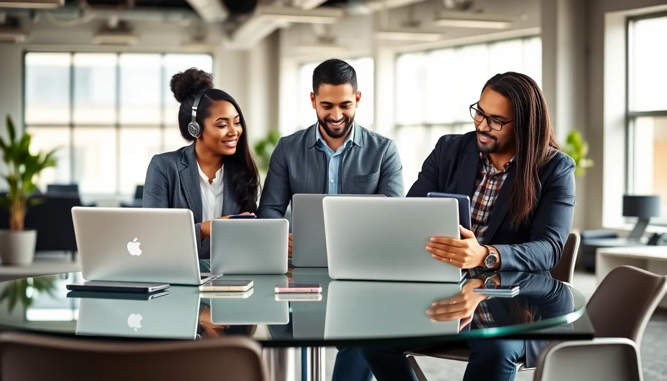 diverse support team discussing Asurion services in a modern office.