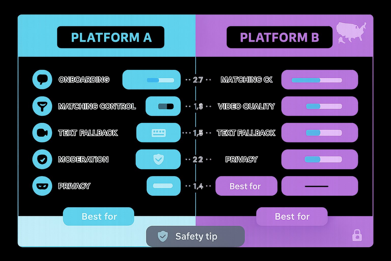 Two‑column visual comparison of two chat/video platforms with icons and badges.