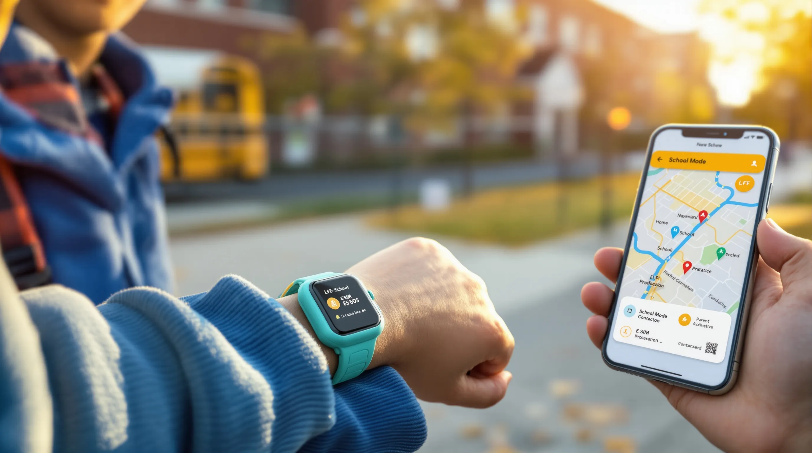 Close-up of child’s SIM-enabled smartwatch with parent’s app showing geofences.