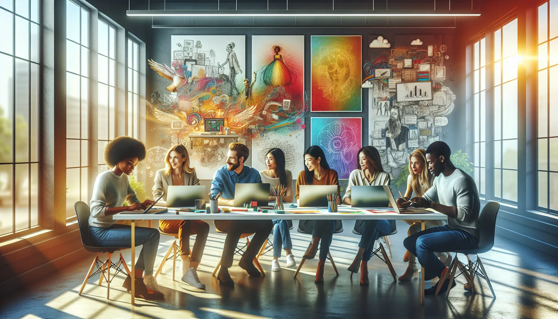 a diverse team collaborating in a vibrant creative workspace.