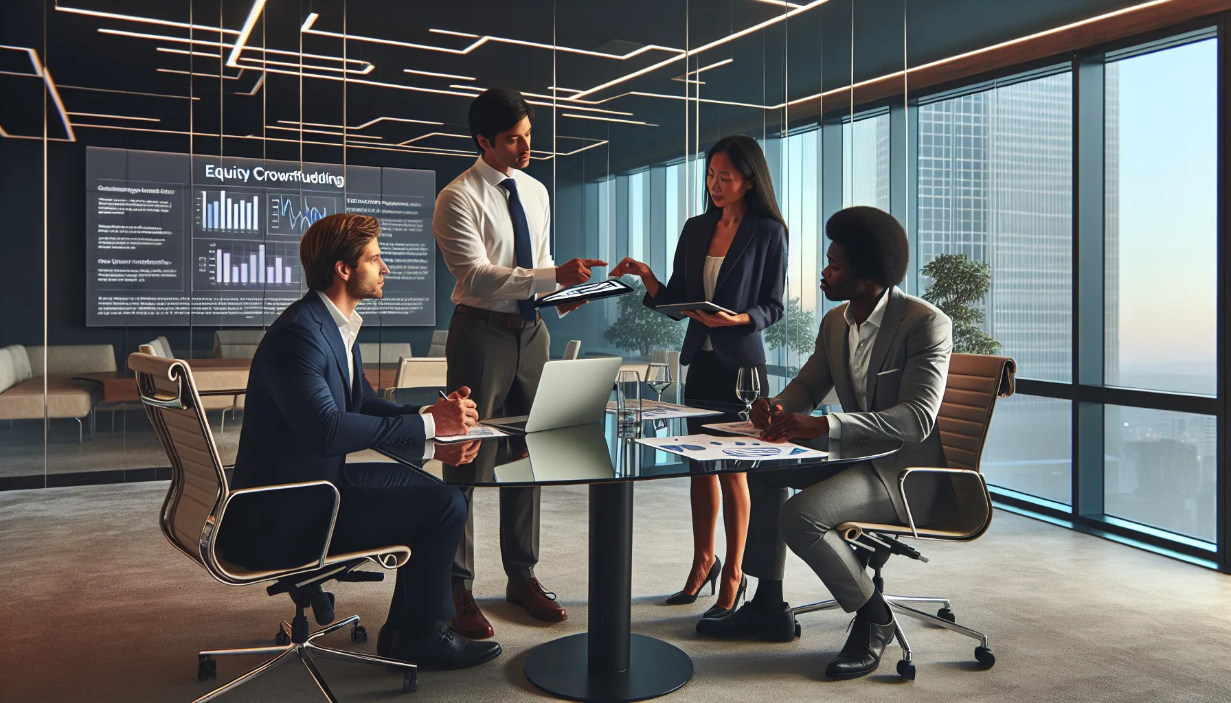 diverse team discussing crowdfunding regulations in a modern office.