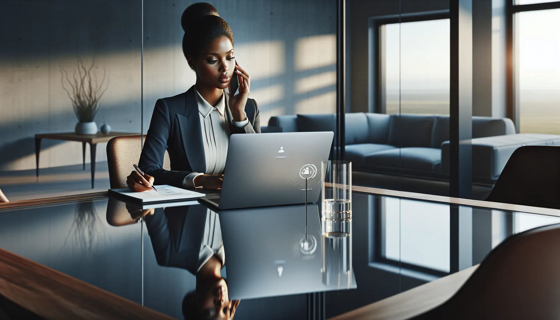 woman on a call in a modern office, discussing privacy and safety.