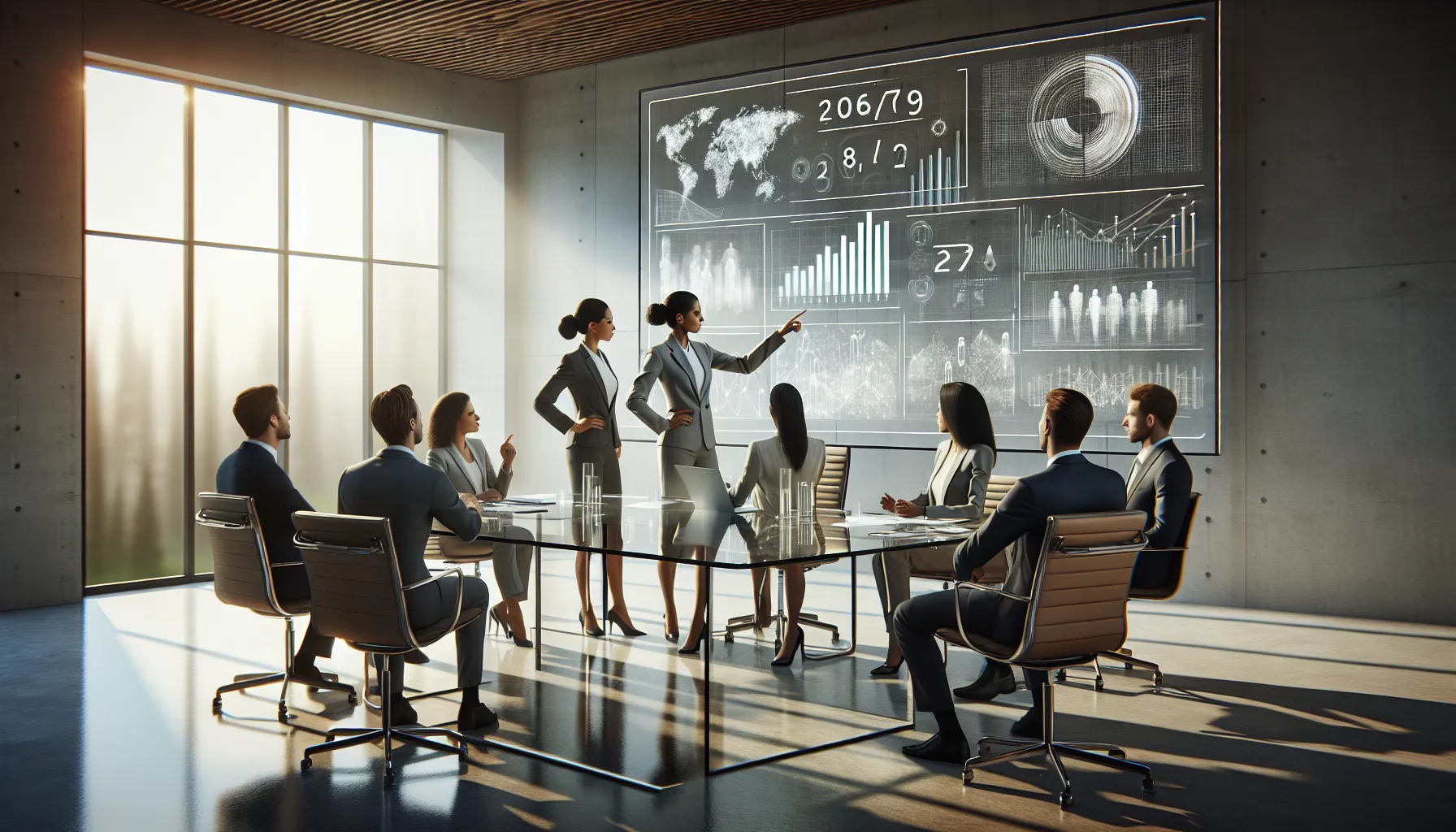 diverse team discussing the number 2065785641 in a modern office.