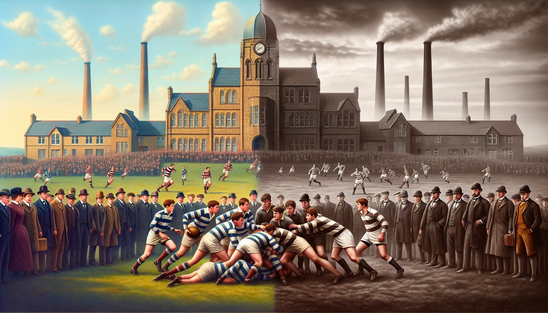 A historical illustration of Rugby Union and Rugby League's origins.