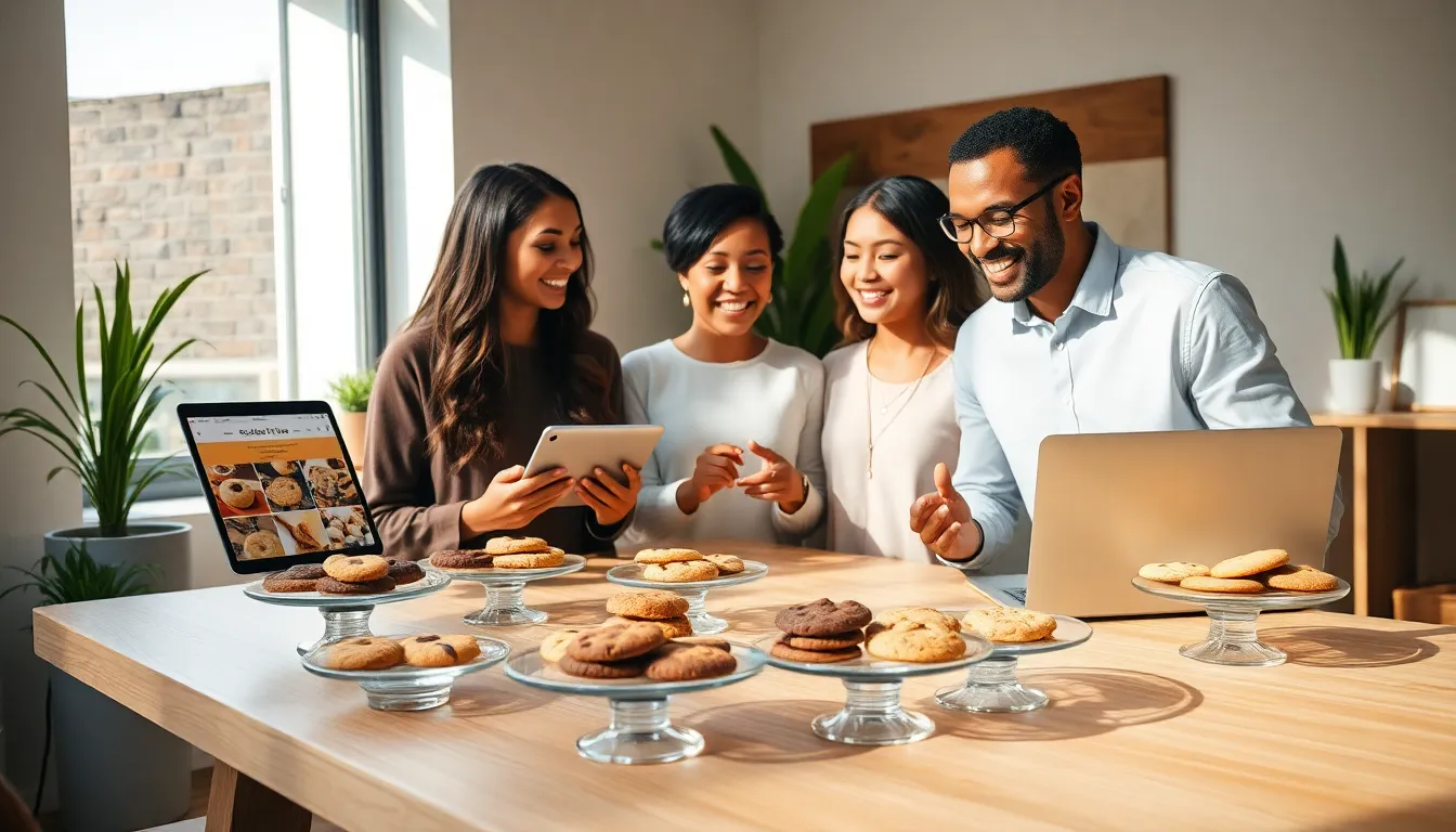 diverse professionals discussing cookies in a bright workspace.