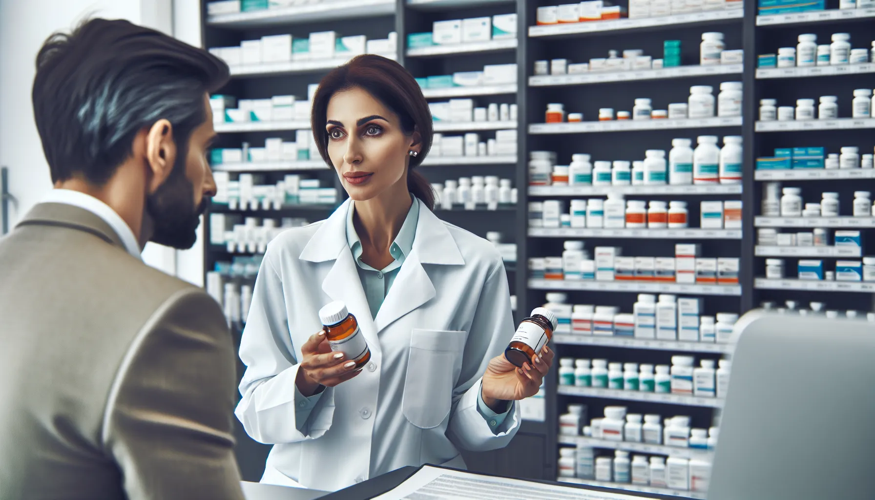 A pharmacist discussing oxycodone and hydrocodone with a patient.